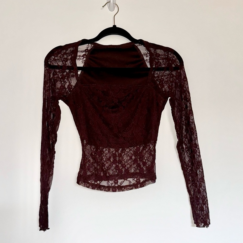 RoseSeek Lace Sheer Mesh Long Sleeve Brown Crop Top